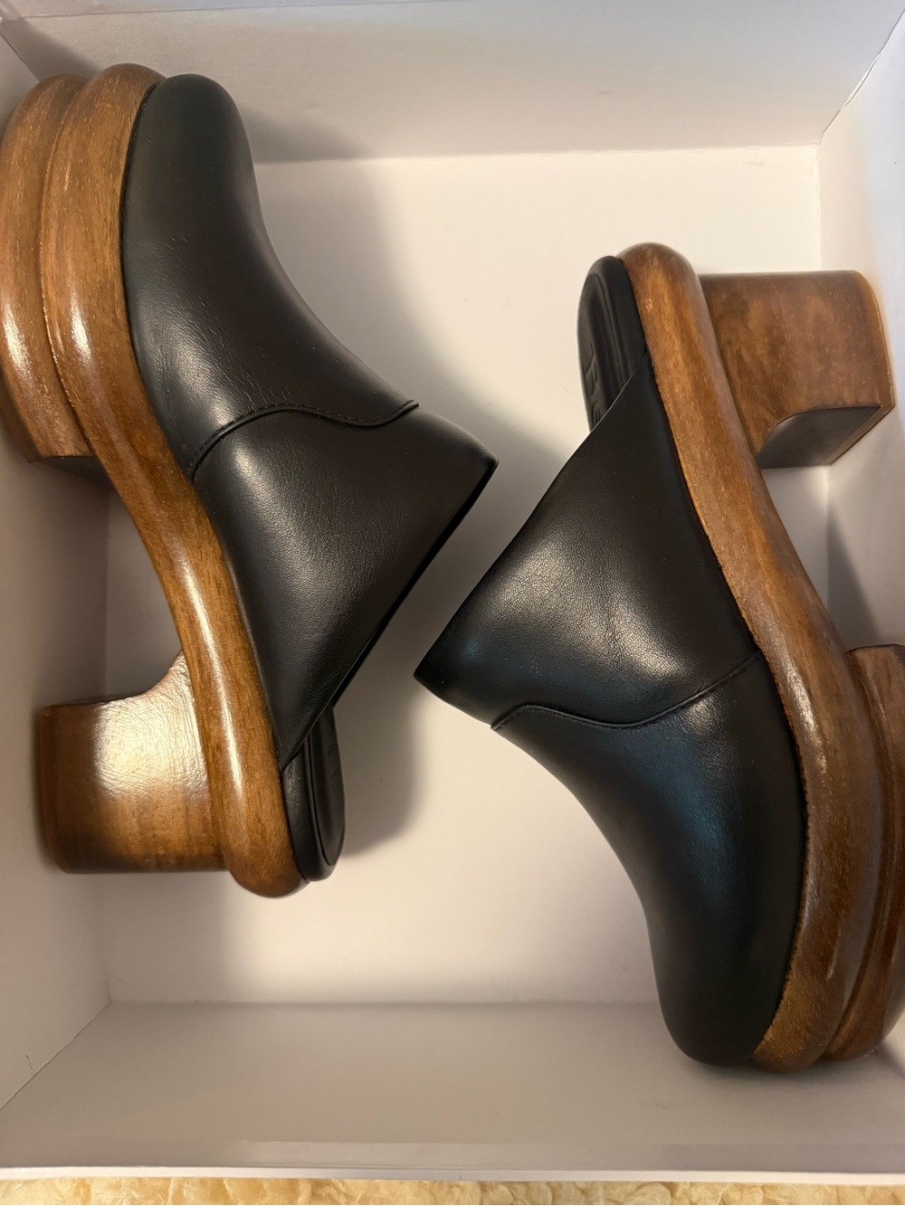 Black Leather Sedia Clog Mules with Wooden Platform Heel